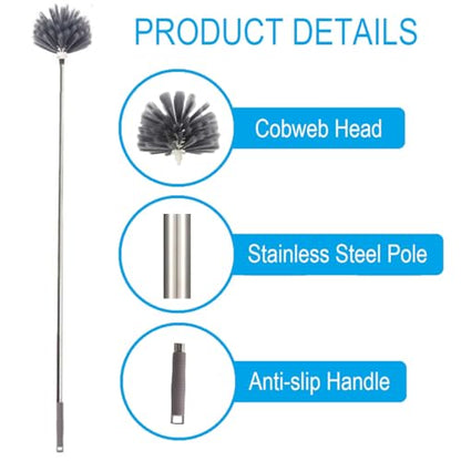 Cobweb Duster with Extension Pole & 3 Clean Head, Medium Stiff Bristles Cobweb Duster Head & 1.8 to 7.2-Feet Scalable Stainless Steel Pole Ceiling Fan Duster for Outdoor Indoor Cleaning