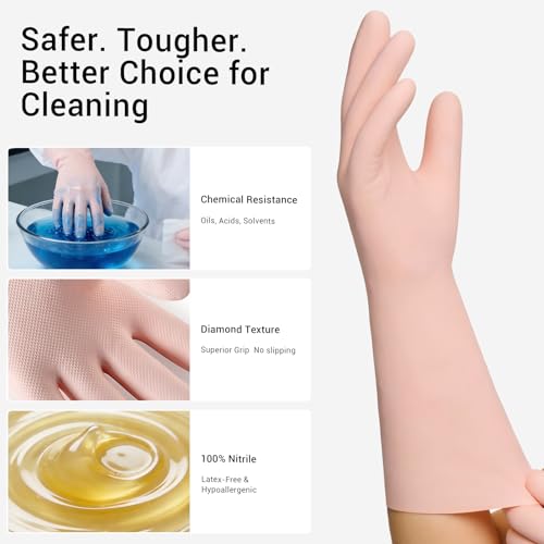 ThxToms 2 Pair Nitrile Dishwashing Cleaning Gloves,with Cotton Flocked Liner,Skin-Friendly & Anti-Slip Design,Y&P - size: Medium
