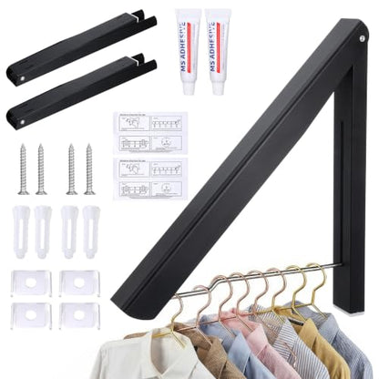 2 Pack Clothes Drying Rack, Wall Mounted Retractable Laundry Rack, 60LBS Heavy Duty Aluminum Foldable Clothes Hanger for Laundry Room, Bathroom, RV, Indoor & Outdoor Use, Drill-Free Installation