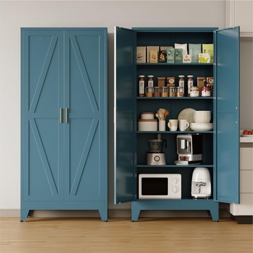 COFaR Metal Pantry Cabinet with Doors, Farmhouse 71'' Tall Storage Cabinet with 4 Adjustable Shelves, Kitchen Pantry Cabinet for Dinning Room, Laundry, Peacock Blue 5-Tier - color: Peacock Blue, size: 71'' 2 Doors 0 Drawer-Barn Door