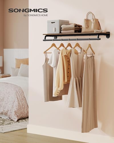SONGMICS Wall Mounted Clothes Rack with Top Shelf, Hanging Rod - color: Natural Beige + Cloud White