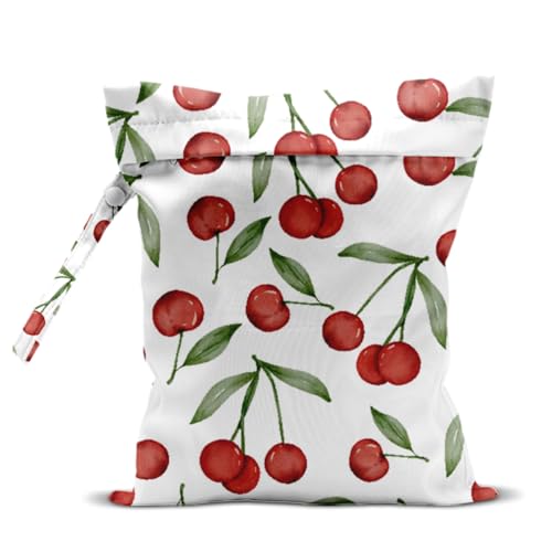 Wet Bag, Wet Dry Bag, Waterproof Swim Bags, Machine Washable Reusable Bags for Beach, Pool, Diapers, and Dirty Yoga Gym Clothes(Watercolor Red Cherry & Leaf Pattern - color: Watercolor Cherry with Branches