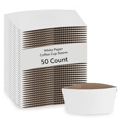 Restaurantware Coffee Cup Sleeves 50 Pack Fits 12, 16, 20 oz Coffee Cups Disposable Hot Drink Sleeves Secure Grip Heat-Resistant Jacket for Tea, and Beverages White - color: White, size: Plain