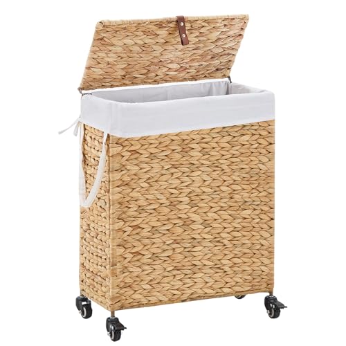 Slim Rolling Laundry Hamper with Lid and Wheels (Natural, 65L) - color: Natural/With Lid/65L