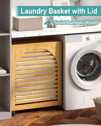 Laundry Hamper with Wheels, Large Laundry Basket with Lid, 27.3 Gallon (103.4L) Bamboo Wood Clothes Laundry Hamper 2 Section with Handles, Removable Liner - color: Natural, size: Large
