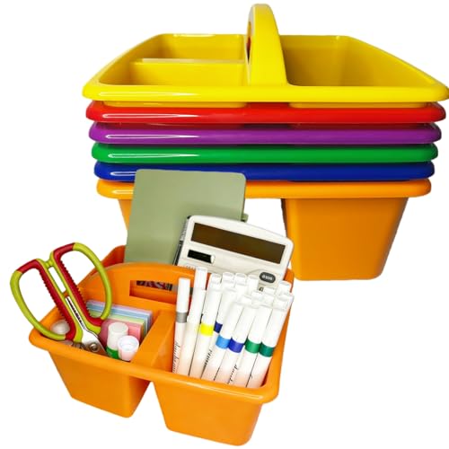 6 Pack Classroom Caddy with Handle, Plastic Storage Caddy Organizer with 3 Compartments, Desk Caddies Portable Storage Bin for Pencil, Crayon, Marker, Home, Office, Classroom Supply, Rainbow Colors - color: Rainbow colors