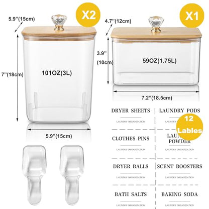 3 Pack Large Laundry Powder Container and Dryer Sheet Holder with Airtight Lid, Clear Plastic Laundry Pods Container for Laundry Room with Scoops, 12 Lables - color: 3 Pack with Printed Labels
