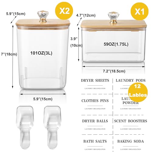3 Pack Large Laundry Powder Container and Dryer Sheet Holder with Airtight Lid, Clear Plastic Laundry Pods Container for Laundry Room with Scoops, 12 Lables - color: 3 Pack with Printed Labels