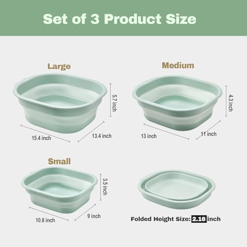 Collapsible Wash Basin Set of 3, Foldable Large Medium Small Wash Basins, Portable Plastic Basins for Laundry, Bottles, Travel, Camping (Green) - color: Green