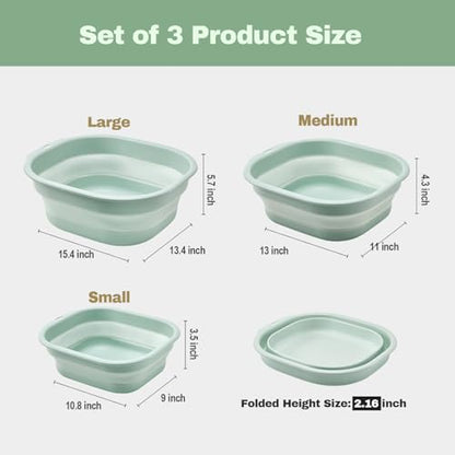 Collapsible Wash Basin Set of 3, Foldable Large Medium Small Wash Basins, Portable Plastic Basins for Laundry, Bottles, Travel, Camping (Green) - color: Green
