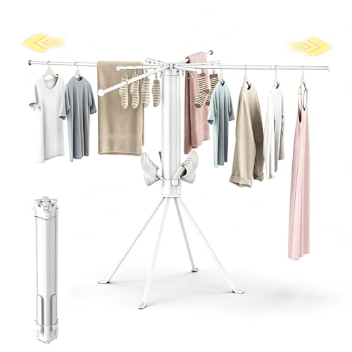 Clothes Drying Rack Foldable, 4-Leg Base, 16 Clips, 4 Shoe Holders - size: Height 52 inch-White