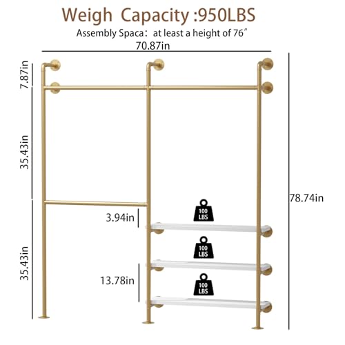HOMEKAYT Industrial Pipe Clothes Rack with Shelves, Gold Clothing Rack Wall Mounted Heavy Duty Multi-Purpose Storage Clothes Hanging Shelf - 70.8''L Gold - color: gold, size: 70.8''L-B