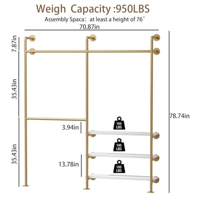 HOMEKAYT Industrial Pipe Clothes Rack with Shelves, Gold Clothing Rack Wall Mounted Heavy Duty Multi-Purpose Storage Clothes Hanging Shelf - 70.8''L Gold - color: gold, size: 70.8''L-B