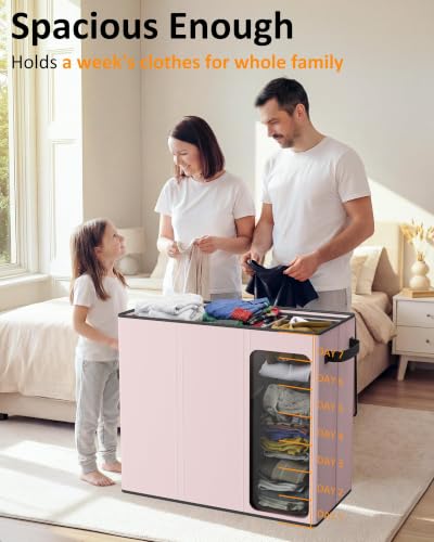 Optish 180L Laundry Hamper 3 Section, Large Hamper with Mesh Bags & Lid - color: Pink