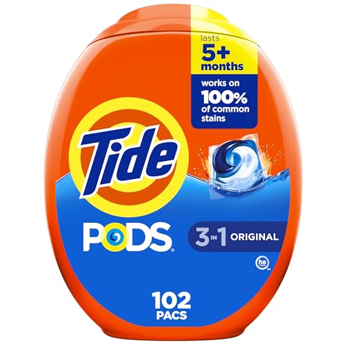 Tide PODS laundry detergent pacs, 3-in-1 Stain Remover, Odor Fighter, Color Protector, 102 Count, HE compatible, Original Scent - size: 102 Count (Pack of 1)