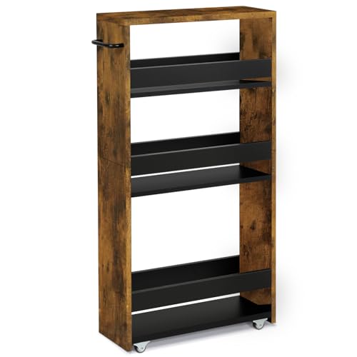 TEAMIX Slim Rolling Storage Cart, Wood 4-Tier Narrow Kitchen/Laundry Cart - color: Brown+black, size: 5-1/2'' W