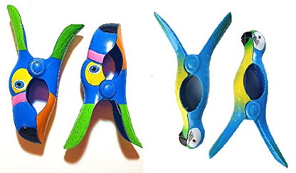 2 Set (4 Ct) Blue Toucan/Blue Parrot Beach Towel Clips Jumbo Size for Beach Chair, Cruise Beach Patio, Pool Accessories for Chairs, Household Clip, Baby Stroller