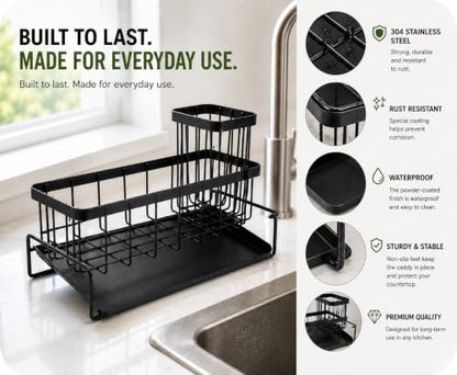 Kitchen Sink Caddy Organizer with Removable Drain Tray, Rustproof Sponge Holder for Kitchen Counter, Carbon Steel Organizer for Soap Dispenser, Scrub Brush & Cleaning Accessories.