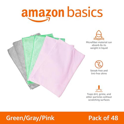 Amazon Basics Microfiber Cleaning Cloths, Ultra Absorbent, Scratch-Free, Non-Abrasive, Reusable and Washable, 16" x 12", Green/Gray/Pink, 48-Pack - color: Green/Gray/Pink, size: 48-Pack