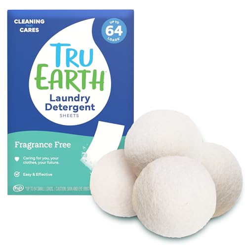 Tru Earth Laundry Sheets 32 Count (64 Loads) Fragrance Free and Dryer Balls (4 Count) Bundle