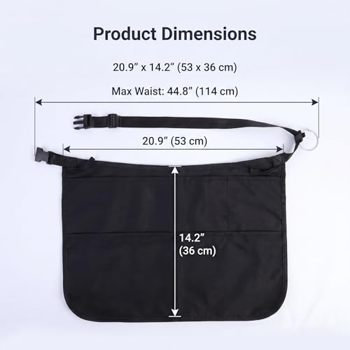 Waterproof Server Apron with 5 Large Pockets, Waist Apron for Women and Men, Cleaning Apron Utility Tool Belt for Waitress Housekeeping Gardening Barista Work Apron, Black