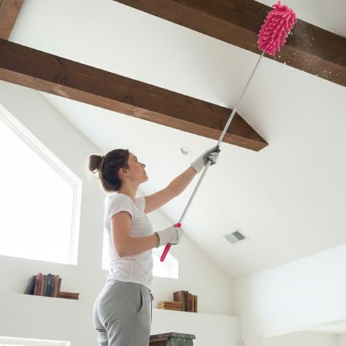 Extendable Feather Duster Telescopic Dust Remover for Home Office Car Furniture High Ceiling Cleaning Multi Purpose Tool(Rose Red,Long Head) - color: Rose Red, size: 11.0 in