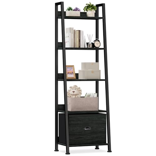 Furologee Ladder Shelf, 5 Tier Bookshelf with Fabric Drawer, Black Oak - color: Black Oak, size: 5-Tier, 15" W