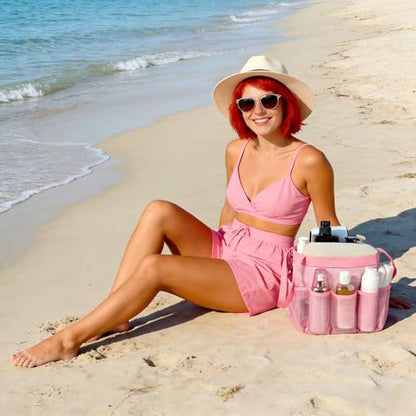 Mesh Shower Caddy Portable - 9 Pockets, Shower Bag for Dorm Room Camping - color: pink blue