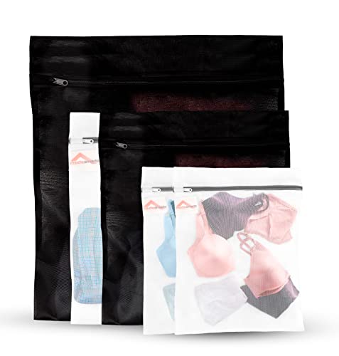 Premium Mesh Laundry Bags Set of 5: Jumbo (1 Black), Large (1 Black & 1 White) and Medium (2 White) – Elastic Gard & Rust-Proof Zipper Bags - Durable Laundry Wash Bags - size: Jumbo (black) Large Medium