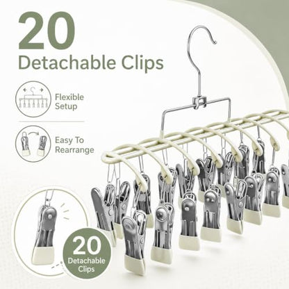 Sock Drying Rack with 20 Clips, Stainless Steel Laundry Hanger for Underwear, Space-Saving Clothes Airer with Foldable Hook, Non-Slip Clip Organizer Drying Station for Small Items