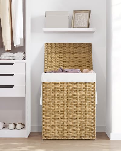 SONGMICS Laundry Hamper with Lid, 23.8 Gal (90 L) Synthetic Rattan,Foldable - color: Goose Yellow, size: 90 L