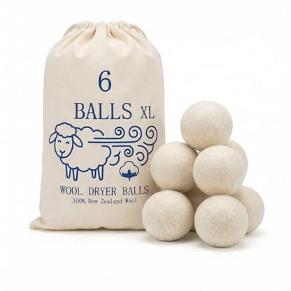 Premium XL Wool Dryer Balls 6 Pack - 100% Organic New Zealand Wool - Reusable Natural Fabric Softener - Reduces Wrinkles & Shortens Drying Time - XL Jumbo Size Set of 6