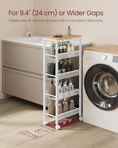 VASAGLE 5-Tier Slim Rolling Storage cart with Wheels, 8.7 Inches, Metal - color: Oak Beige + Classic White, size: 5 Tiers (8.7"D x 39.2"H)