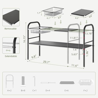 Under Sink Organizers and Storage,Expandable under cabinet organizer Shelf - size: 6 Panels and 2 Baskets