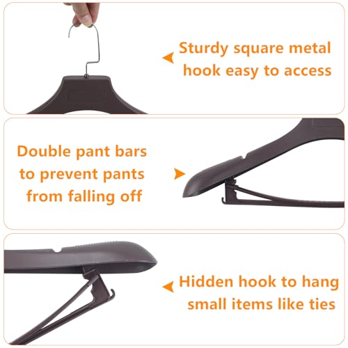 DEDU Suit Hangers for Men 10 Pack, Brown Coat Hangers Extra Wide Non Slip Width 17.7", Thick Plastic with Pants Bar & Metal Hook - color: Brown, size: 10 Pack