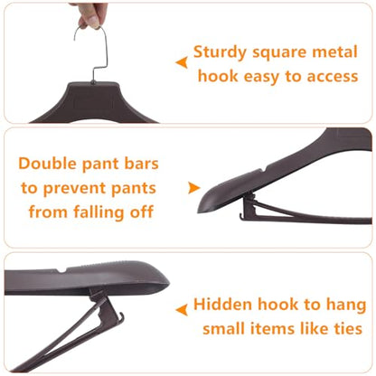 DEDU Suit Hangers for Men 10 Pack, Brown Coat Hangers Extra Wide Non Slip Width 17.7", Thick Plastic with Pants Bar & Metal Hook - color: Brown, size: 10 Pack