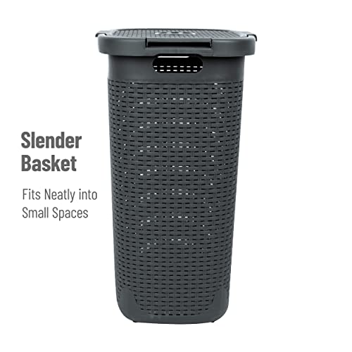 Mind Reader 60L Slim Laundry Hamper, Clothes Basket, Lid, Wicker Style, Plastic, 17.65"L x 13.75"W x 24.15"H, Set of 2, Gray - color: Gray, size: 2-Pack