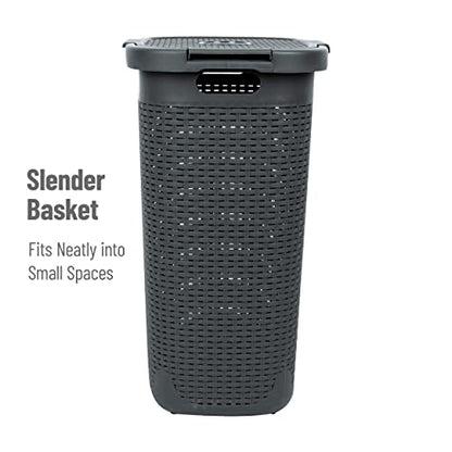 Mind Reader 60L Slim Laundry Hamper, Clothes Basket, Lid, Wicker Style, Plastic, 17.65"L x 13.75"W x 24.15"H, Set of 2, Gray - color: Gray, size: 2-Pack