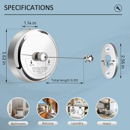 Clatoon Retractable Clothesline 9.0 Feets Adjustable, 304 Stainless Steel