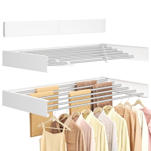 SONGMICS Clothes Drying Rack, Wall-Mounted, Foldable, with Storage Shelf - size: Foldable-39.4"W