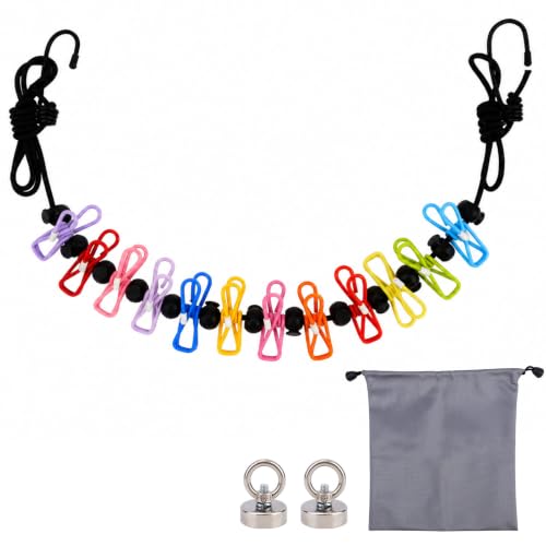 Travel Clothesline for Cruise Ship, Stretchable Clothes Line with 2 Magnetic Hooks & 12 Clothes Clips & Storage Bag Portable Laundry Line for Hotel Camping RV Outdoor Indoor Laundry Drying