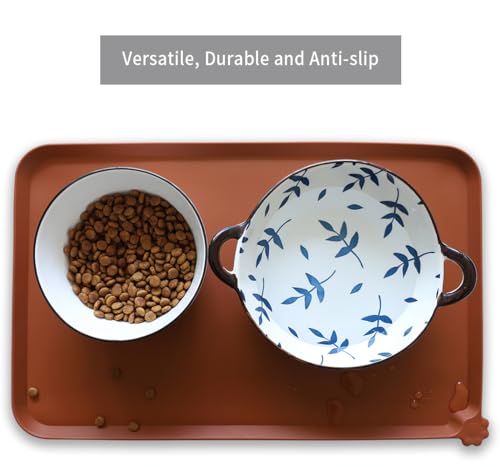 Hoki Found Silicone Pet Food Tray - Non Slip Pet Dog Bowl Mats - Cat Waterproof Mat for Carpet - Caramel - color: Caramel, size: 19" x 12"