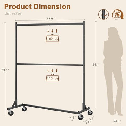 Hoctieon Double Rod Z Rack, Rolling Clothes Racks with Z-Base, Adjustable Clothing Rack, Standing Clothes Rack, Metal Clothing Racks for Hanging Clothes, Portable Garment Rack, Black - color: Black (1 Pack)