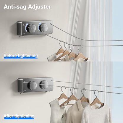 MUSTORN Retractable Clothesline Indoor, Non-Sagging Twin Clothes Line Retracting Outdoor Heavy Duty Clothes Drying Laundry Line Wall Mounted Stainless Steel Double Line-13.8 ft(Gray) - color: Gray