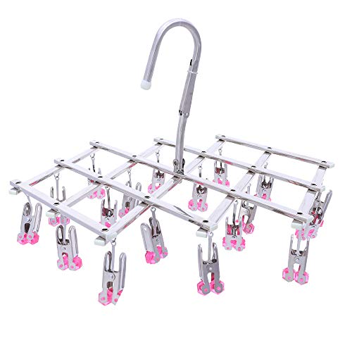 Drying Hanger, Hanging Drying Rack, Drip Hanger Stainless Steel with 18 Pegs for Laundry Underwear Socks, Quickly Remove Clothes from Hanger, Windproof, Folding Portable, (Red) - color: Red
