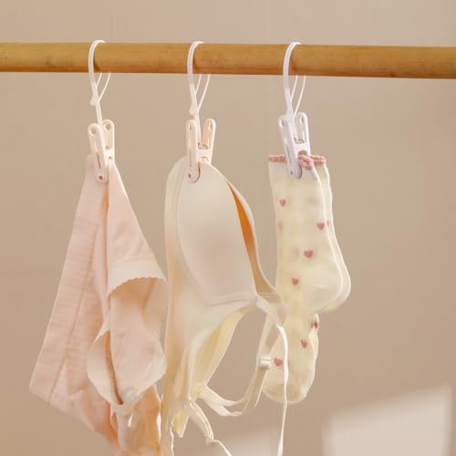 PURIPUFF 24 Pack Clothes Pins Clothes Peg Clip Pins with Plastic Rope for Clothesline Drying Clothing Clips Hooks Windproof Clothes Hanger for Hanging Socks Hats Pants Bras Underwears Towel Photo