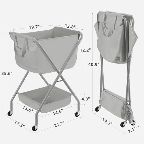 STORAGE MANIAC Collapsible Laundry Cart with Wheels 35.6"H Removable Canvas Bag Rolling Laundry Hamper Clothes Basket with Wheels, Sturdy Steel Frame Folding for Small Narrow Space Easy Storage, Grey - color: Grey, size: 35.6"H with Removable Bag