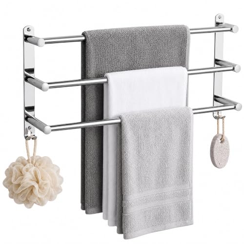 Expandable Bathroom Towel Rack 16.34-29.13 in Adjustable 3-Tier Wall Mounted Bathroom Towel Bar with Hooks Silver Towel Holder for Bath Towels Hand Towels Washcloths Bathroom Kitchen Vanity - color: Expandable Bathroom Towel Rack