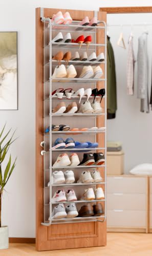 Whitmor 36 Pair Over the Door Shoe Rack,12 Tier Hanging Shoe Organizer with Metal Frame & Mesh Shelves, Heavy Duty Shoe Storage Holder for Door, No Drill Installation, 74" H x 21.7" W x 7.5" D, Grey - color: Grey