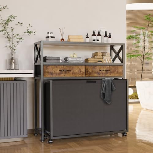 150L Laundry Sorter Hamper 3 Section with 2 Shelves & 2 Drawers - color: Brown, size: 150L